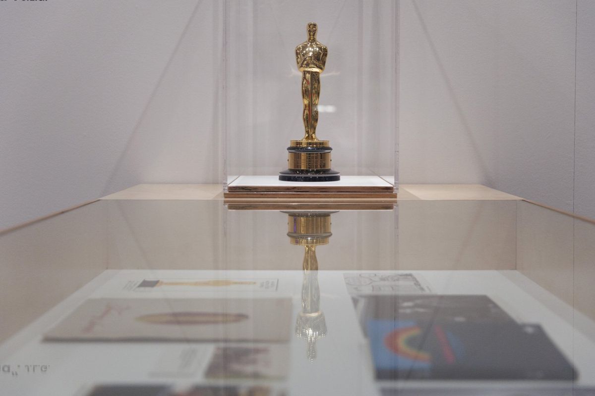 Oscar Award on display during the presentation of the GarciCine exhibition at the Conde Duque exhibition center, on 28 June, 2023 in Madrid, Spain. The exhibition commemorates the 40th anniversary of the first Oscar for a Spanish-language film and pays tribute to the director of the film 'Volver a Empezar' Jose Luis Garci.