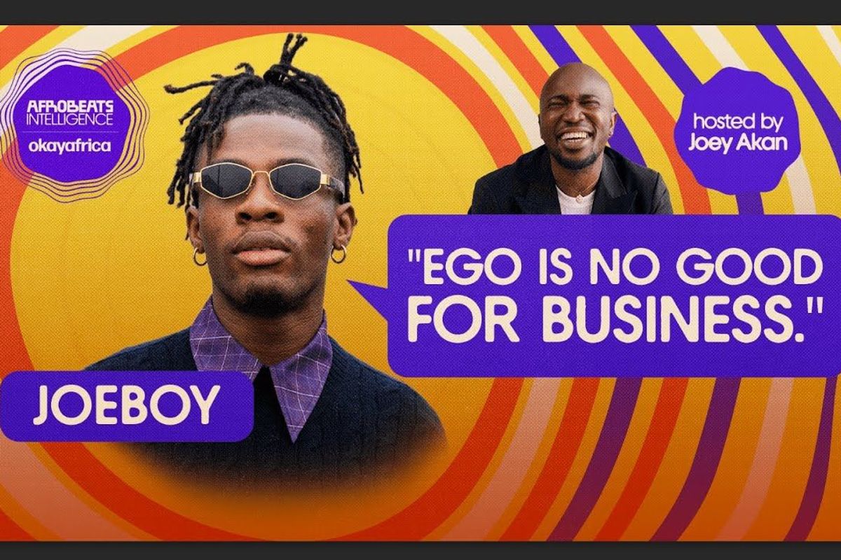 Promotional graphic for the 'Afrobeats Intelligence' podcast presented by OkayAfrica featuring Joeboy and Joey Akan.