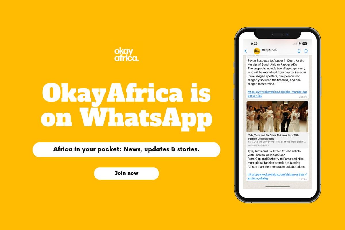 Promotional image for the OkayAfrica channel on WhatsApp.