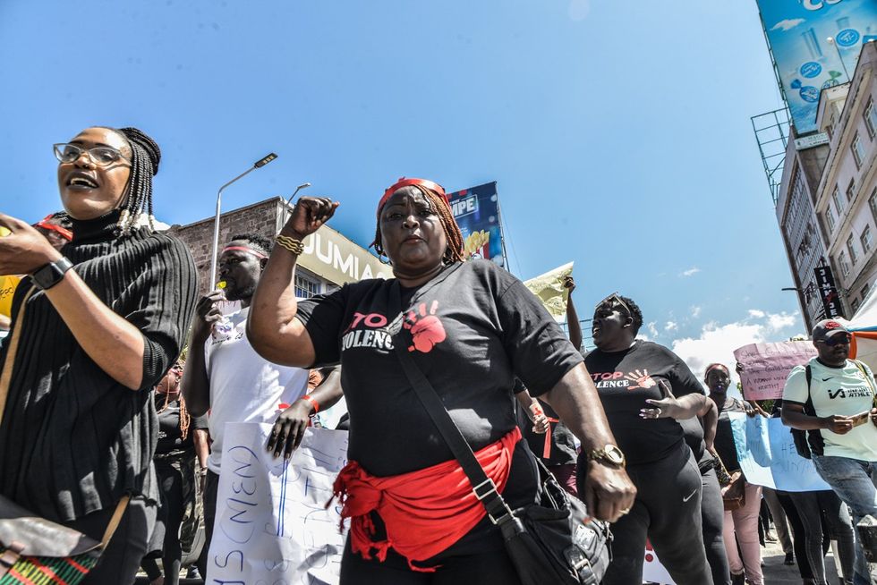 Protesters chant slogans during the demonstration. Protesters marched countrywide during the 'Feminists March Against Femicide,' which was sparked by the recent brutal murders of Starlet Wahu, 26, and Rita Waeni, 20, in Kenya.