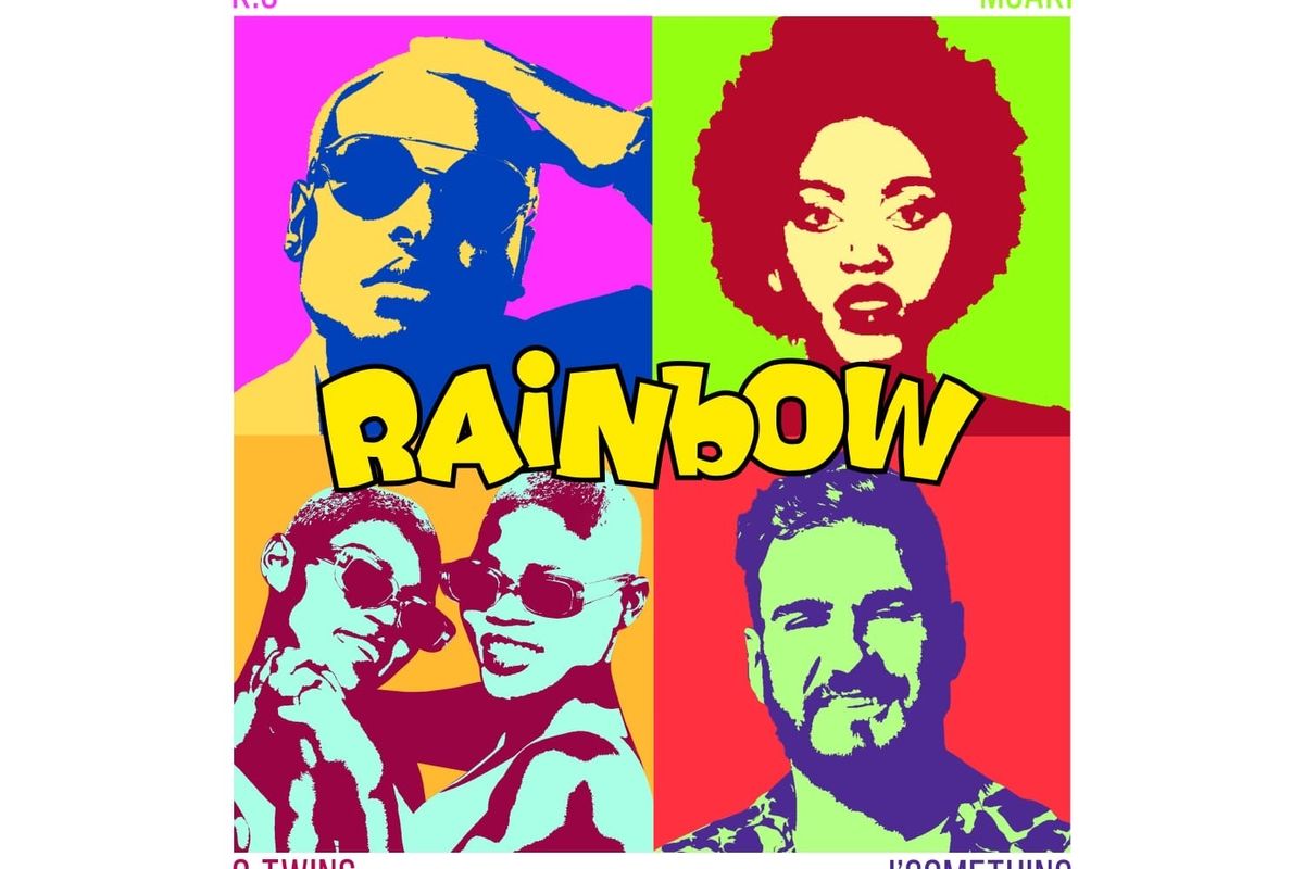 "Rainbow" single artwork: Floating text over a collage of portraits of K.O, Msaki, Q Twins and J'Something. 