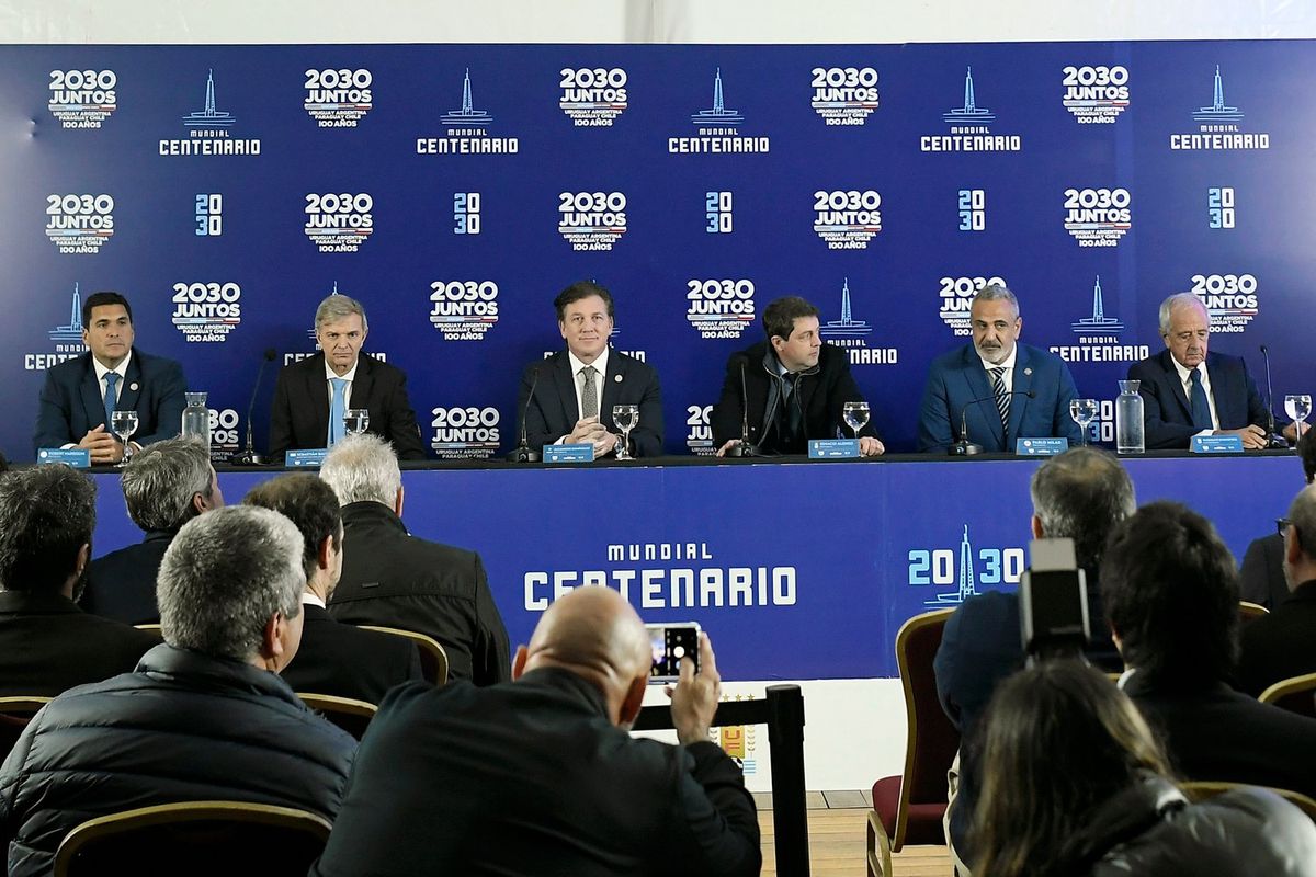 Robert Harrison President of the Paraguayan Football Association, Sebastian Bauza Secretary of Sports of Uruguay, Alejandro Dominguez President of CONMEBOL, Ignacio Alonso president of the Uruguayan Football Association, Pablo Milad president of the Chilean Football Federation and Rodolfo D'Onofrio vice president of the Argentine Football Association speak during the announcement of the joint candidacy between Argentina, Chile, Paraguay and Uruguay to host the FIFA 2030 Men's World Cup at Centenario Stadium on August 2, 2022 in Montevideo, Uruguay.