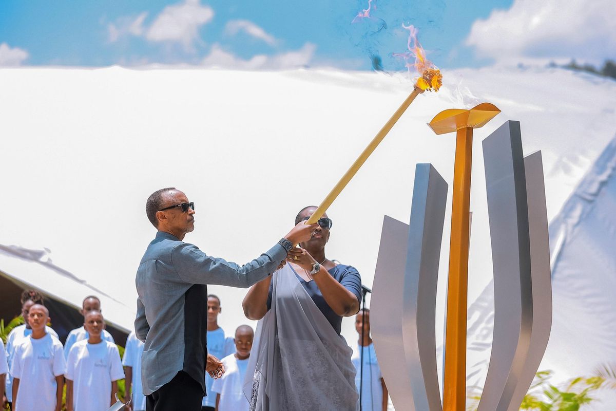 Rwandan President Paul Kagame and first lady Jeannette Kagame light the flame of remembrance during the commemoration of the 29th anniversary of the 1994 genocide against Tutsis at the Kigali Genocide Memorial in Kigali, Rwanda, April 7, 2023.
