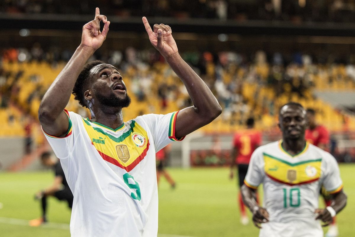 Senegal's Boulaye Dia celebrates scoring his team's fourth goal during the 2023 Africa Cup of Nations Group L qualifier match between Senegal and Mozambique.