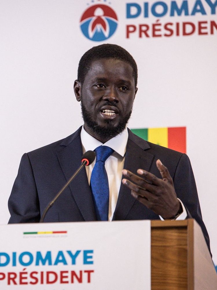 Senegalese opposition presidential candidate Bassirou Diomaye Faye addresses his first press conference after being declared winner of Senegal's presidential election, in Dakar, on March 25, 2024.