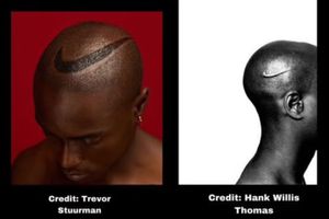 Side-by-side comparison of two striking portraits featuring Black men with the Nike swoosh prominently marked on their shaved heads. The left image, credited to Trevor Stuurman, shows a man with the swoosh shaved into his scalp, set against a deep red background. The right image, credited to Hank Willis Thomas, features a similar pose but in black and white, with the swoosh appearing as a raised scar. The comparison highlights themes of branding, identity, and artistic interpretation.