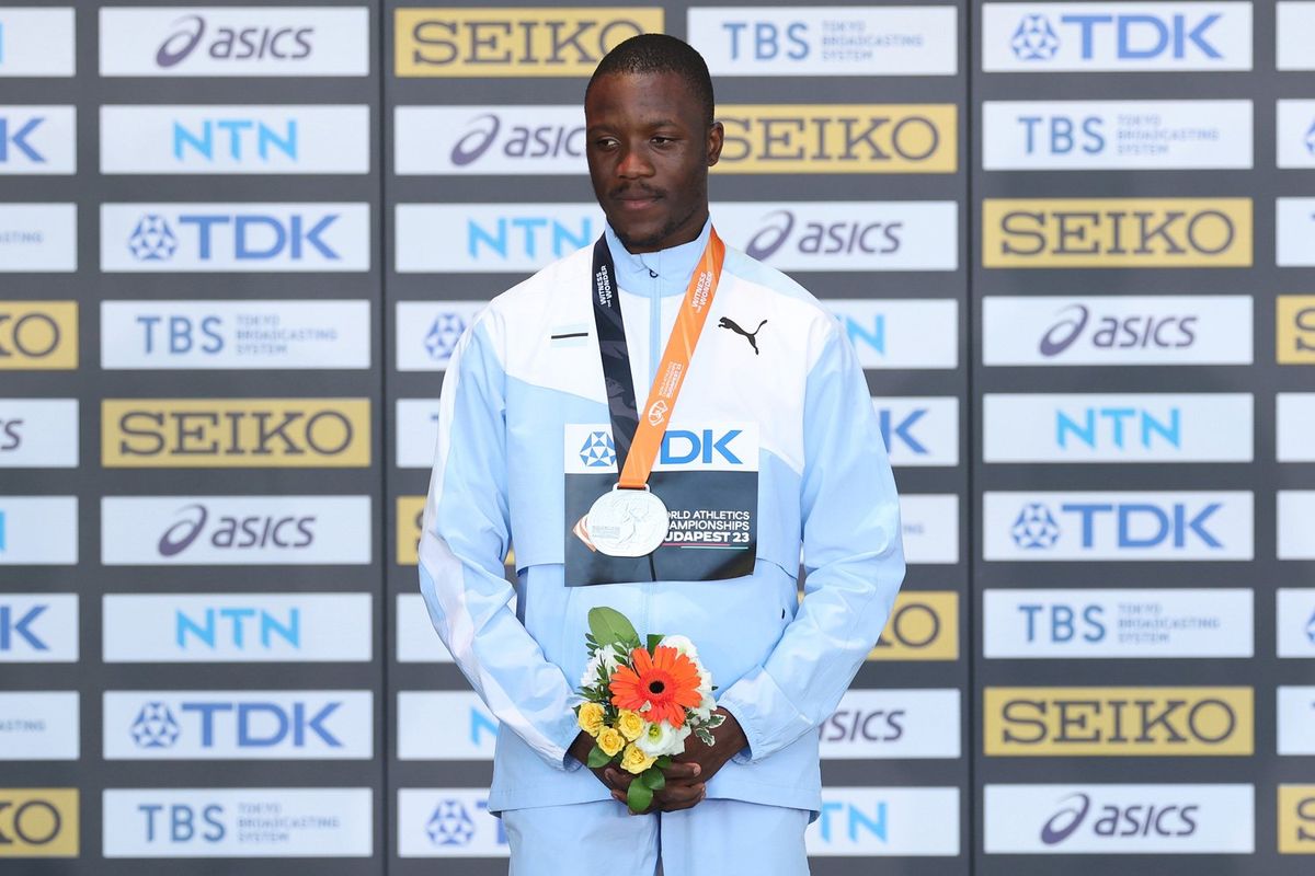 Silver medalist Letsile Tebogo of Team Botswana celebrates with their silver medal on the podium after the Men's 100m Final during day three of the World Athletics Championships Budapest 2023 at National Athletics Centre on August 21, 2023 in Budapest, Hungary.