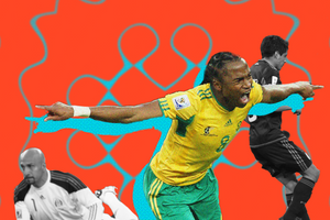 Siphiwe Tshabalala of South Africa celebrates after scoring the opening goal while Ricardo Osorio and goalkeeper Oscar Perez of Mexico look dejected during the 2010 FIFA World Cup South Africa Group A match between South Africa and Mexico at Soccer City Stadium on June 11, 2010, in Johannesburg, South Africa. 