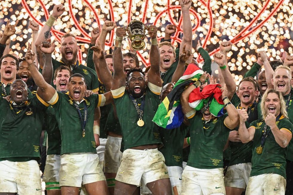 Siya Kolisi of South Africa lifts The Webb Ellis Cup following the Rugby World Cup Final match between New Zealand and South Africa at Stade de France on October 28, 2023 in Paris, France.