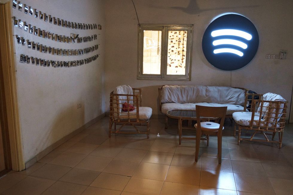 Spotify logo is seen in the Vibrate studio at the freedom skatepark in Accra