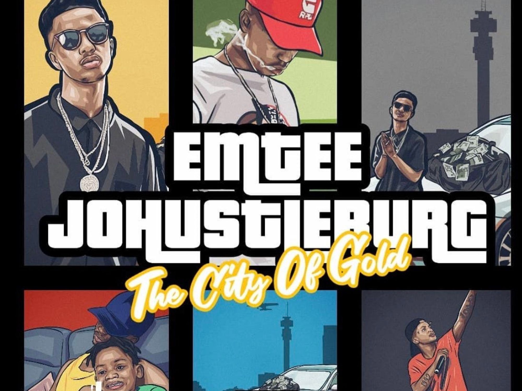 The artwork for Emtee's latest single "Johustleburg": a Grand Theft Auto-style collage of Emtee in different scenarios. 