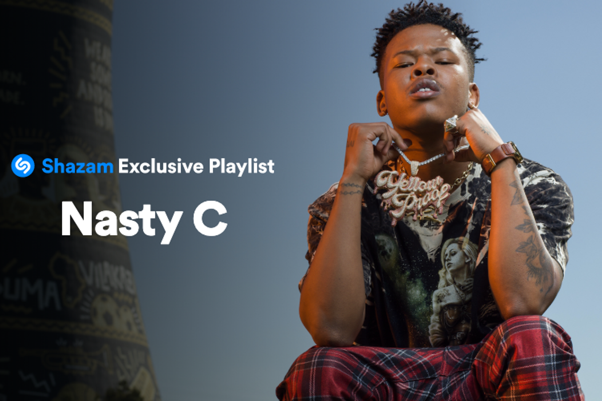 The artwork for Nasty C's Shazam Exclusive Playlist on Apple Music showing the rapper posing pompously. 