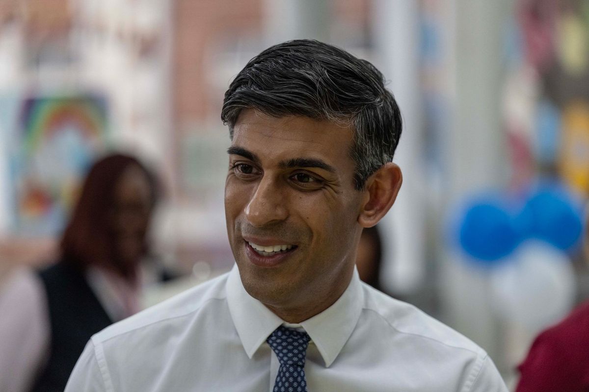The British Prime Minister, Rishi Sunak, is seen visiting the Evelina Children's ward at St Thomas' Hospital, where he took part in an NHS Big Tea Celebration to mark the 75th anniversary of the NHS on July 4, 2023 in London, England. 