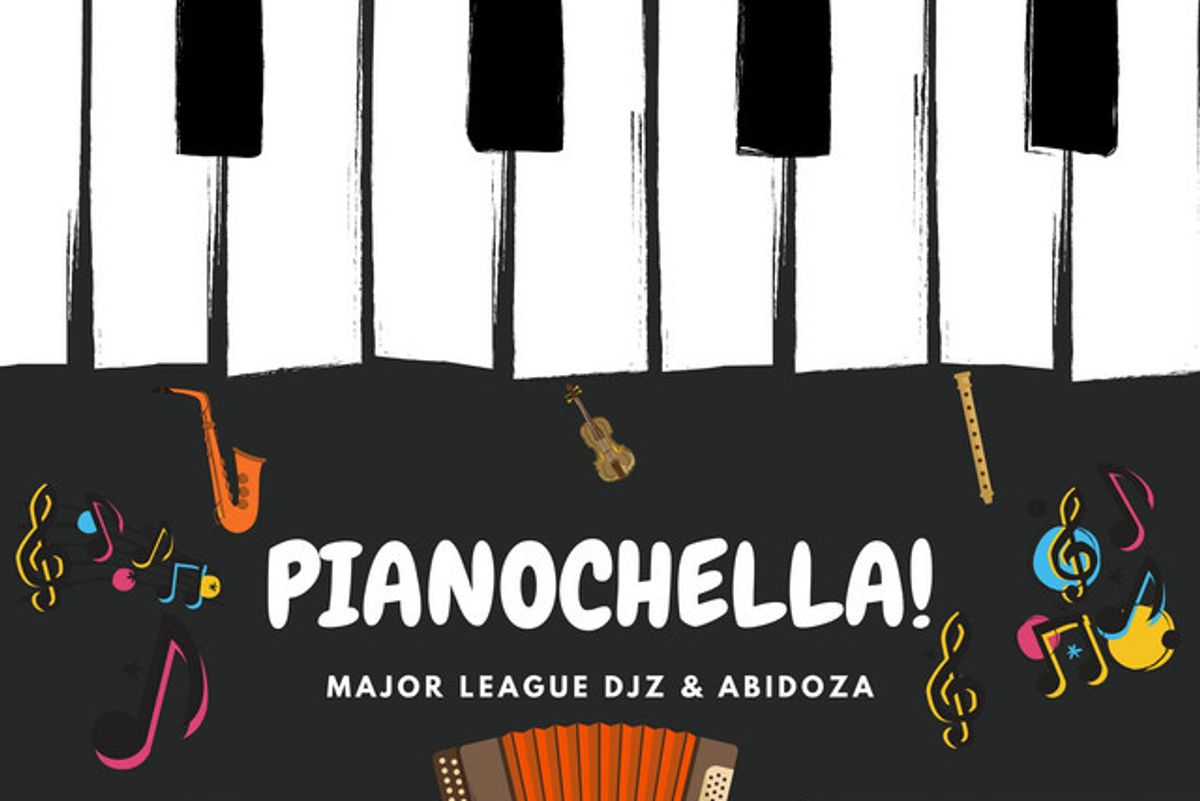 The cover for Pianochella—an illustration showing piano keys, music notes and an accordion. 