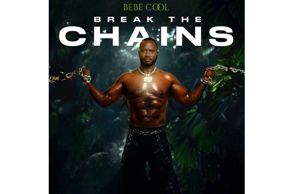 The cover of Bebe Cool's album. It shows Bebe Cool shirtless, breaking metallic chains across his arms, with the album title Break the Chains above him in bold lettering.