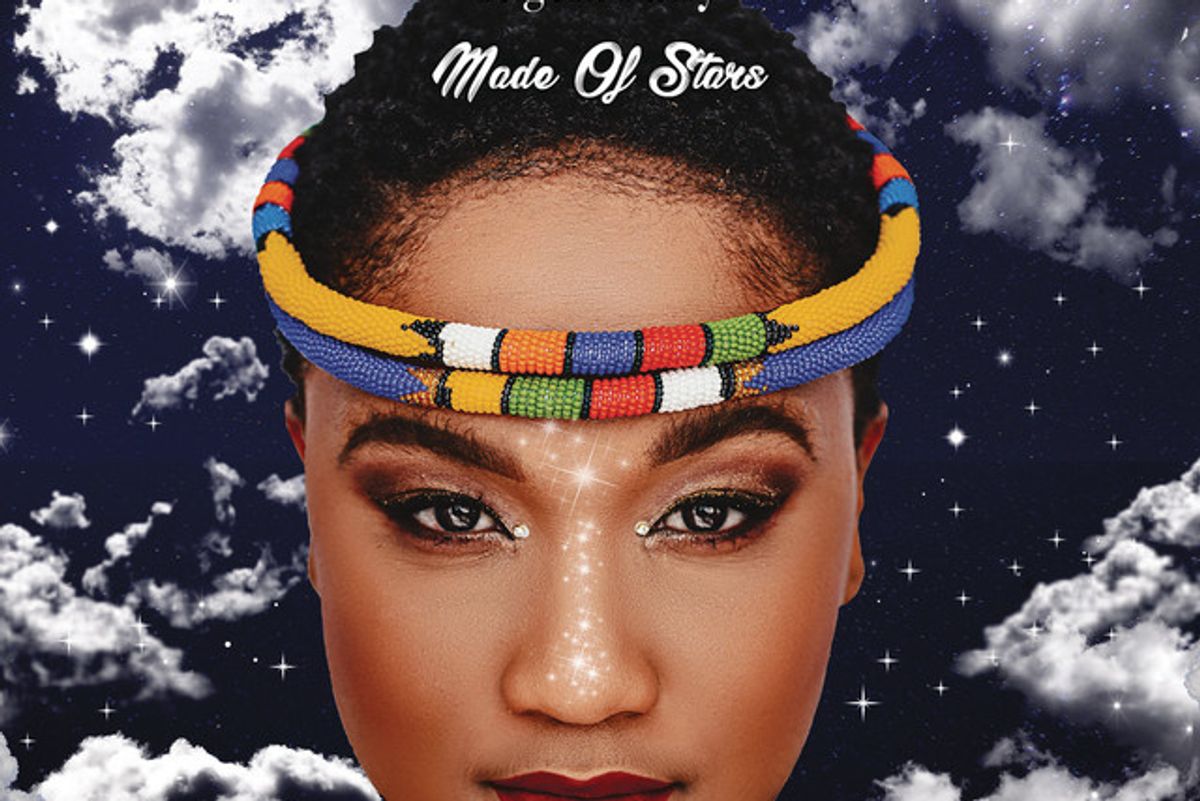 The cover of Simmy's Tugela Fairy (Made of Stars) album: a portrait of Simmy wearing colourful Zulu beaded ornaments to a backdrop of a cloudy sky. 