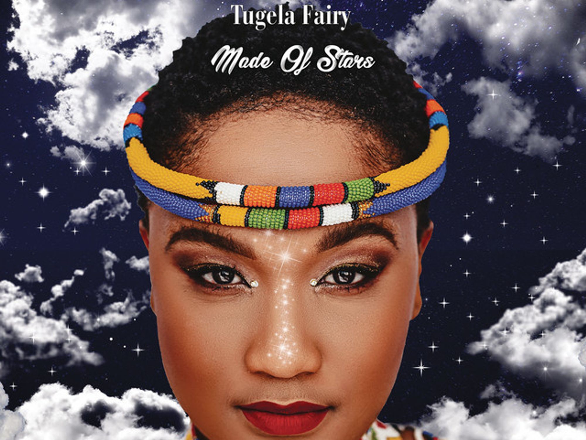 The cover of Simmy's Tugela Fairy (Made of Stars) album: a portrait of Simmy wearing colourful Zulu beaded ornaments to a backdrop of a cloudy sky. 