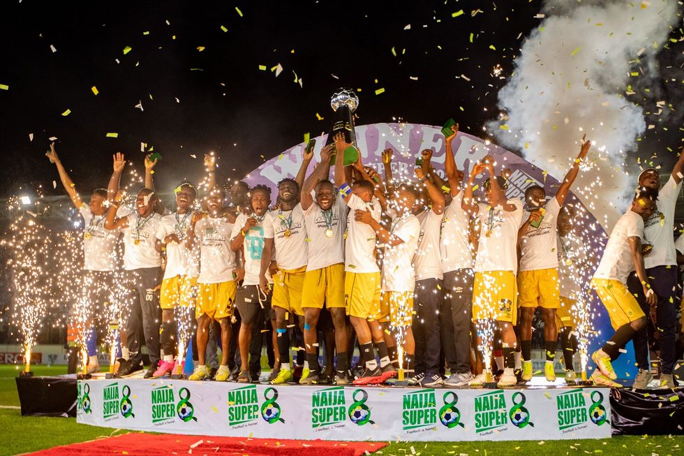 The Sporting Lagos squad celebrating their Naija Super Eight triumph at the Mobolaji Johnson Stadium in Onikan on July 16, 2023.