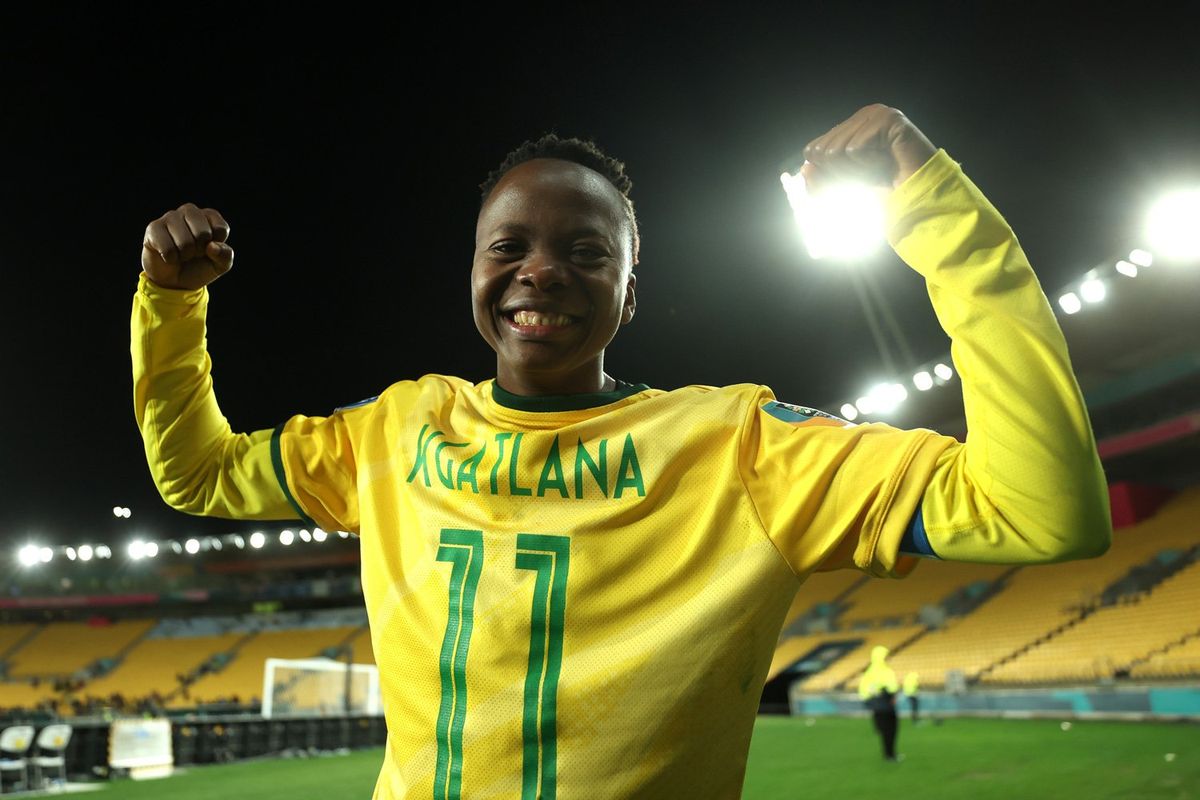 Thembi Kgatlana of South Africa celebrates after their team advanced to the knockouts during the FIFA Women's World Cup Australia & New Zealand 2023 Group G match between South Africa and Italy at Wellington Regional Stadium on August 02, 2023 in Wellington, New Zealand.