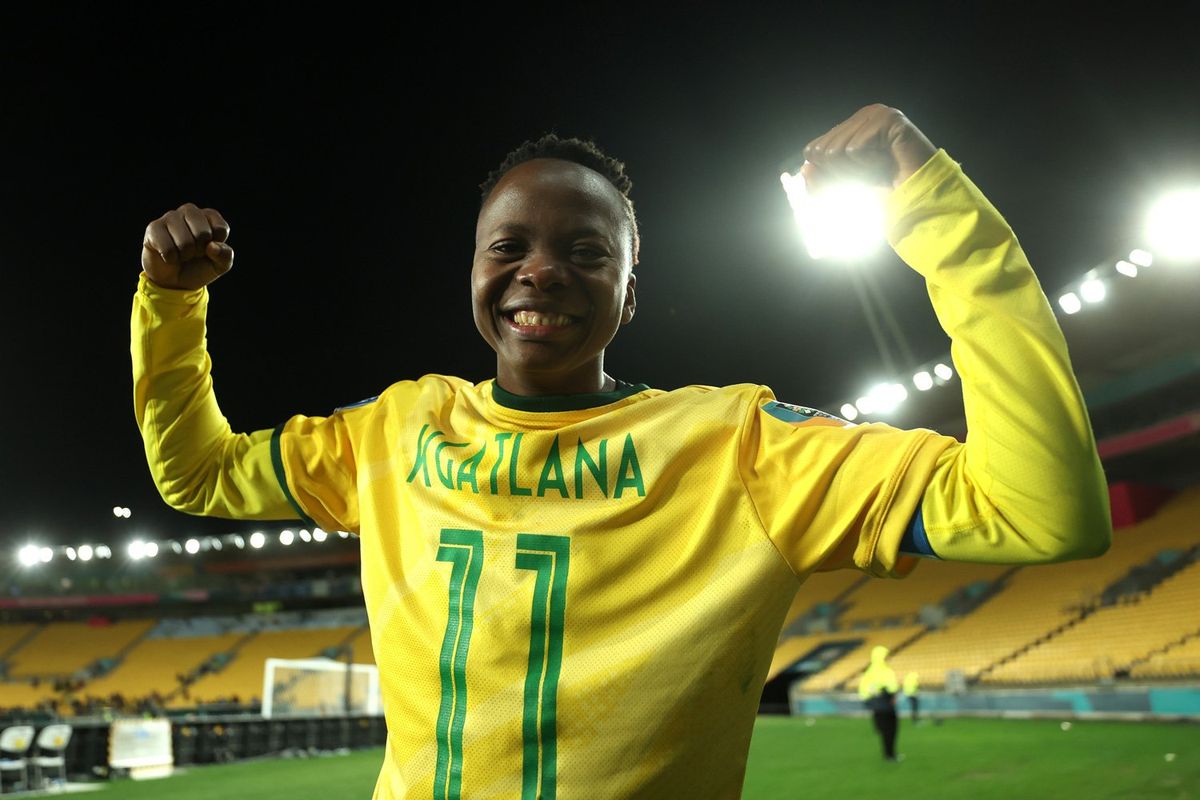 Thembi Kgatlana of South Africa celebrates after their team advanced to the knockouts during the FIFA Women's World Cup Australia & New Zealand 2023 Group G match between South Africa and Italy at Wellington Regional Stadium on August 02, 2023 in Wellington, New Zealand. 