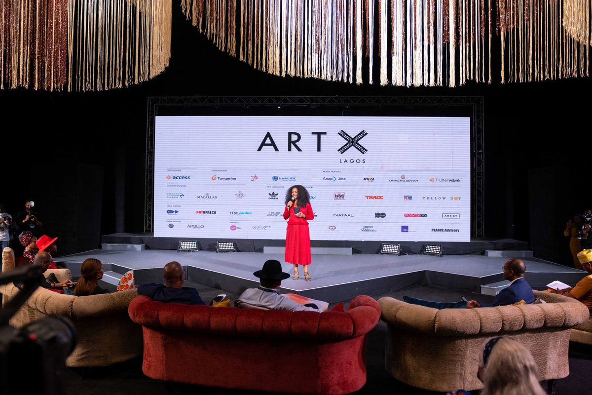 Tokini Peterside, the founder of ArtX, the first international art fair in West Africa, speaks at the opening of the ArtX annual art fair at the Federal Palace Hotel, Victoria Island, in Lagos on November 5, 2021.