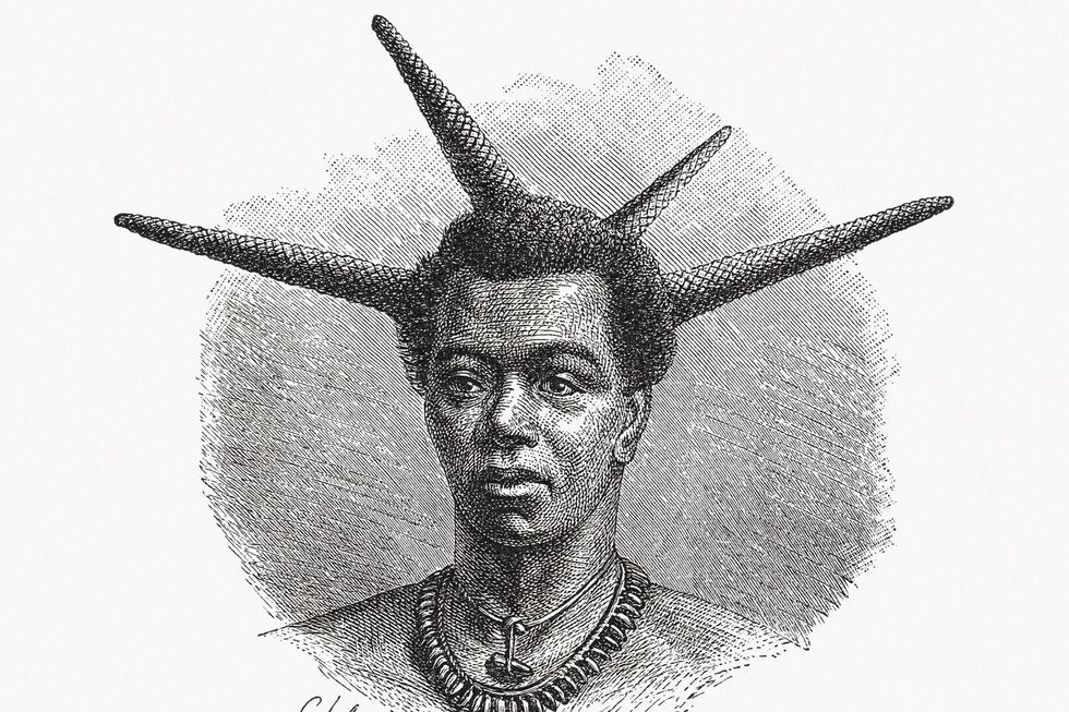 \u200bA Mrua (Warua) man from Central Africa. Wood engraving, published in 1891.