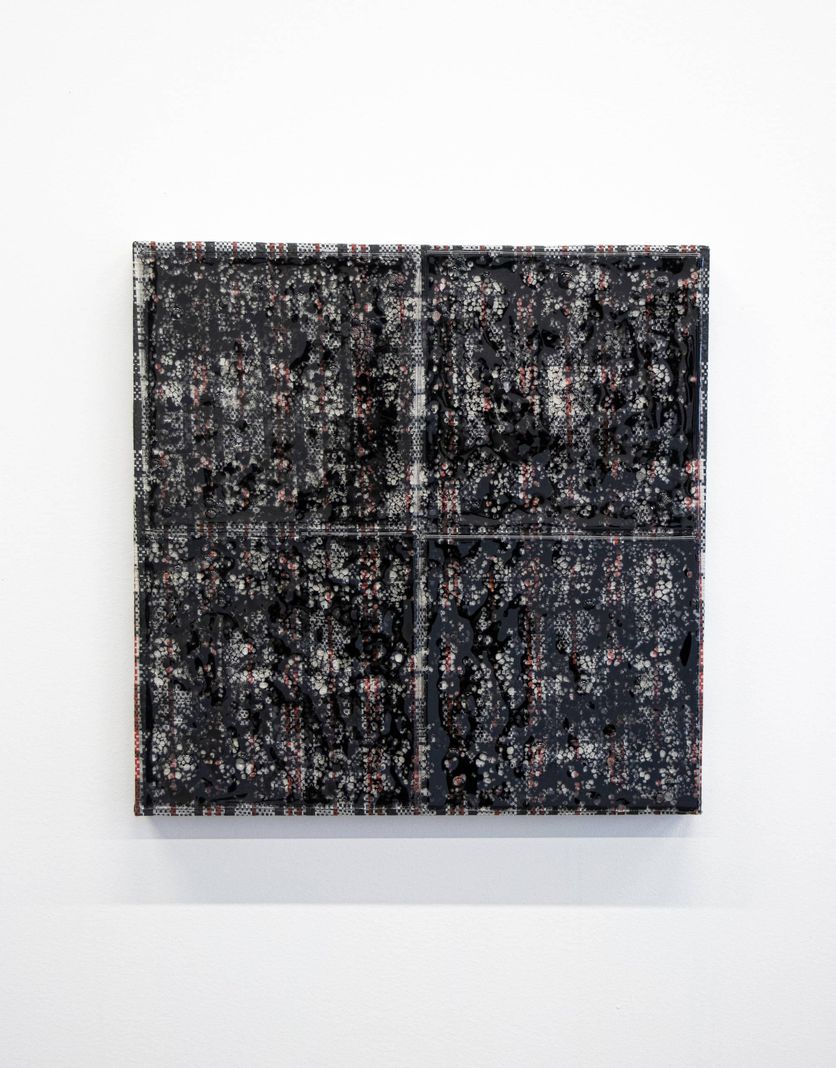 \u200bIn Plain Sight fuses glass and Ghana-Must-Go bag on panel.