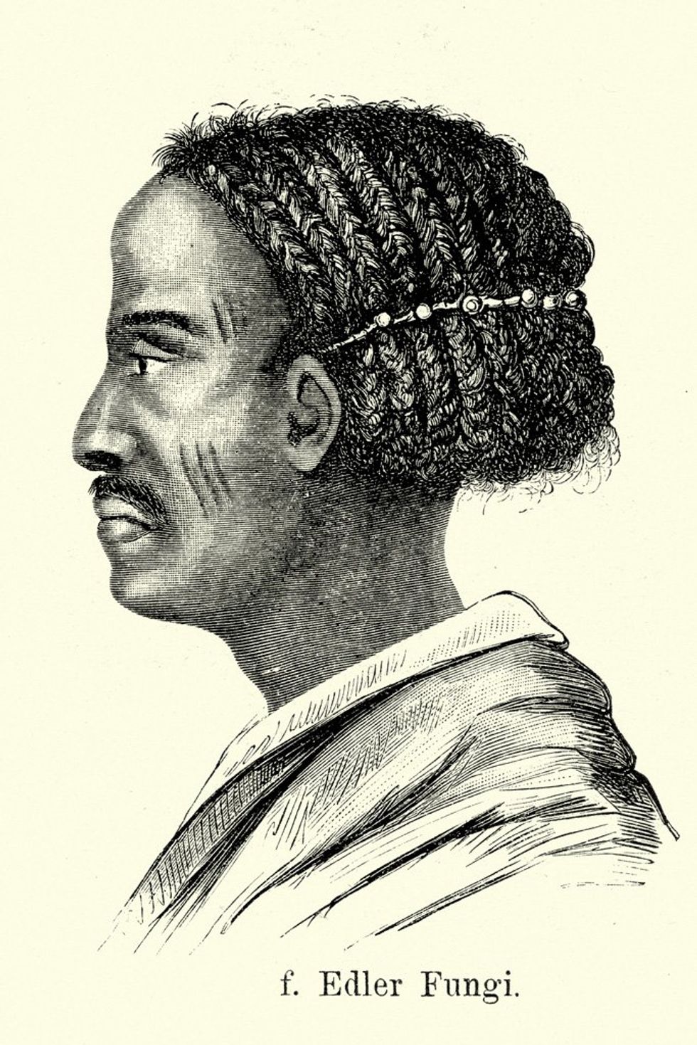 \u200bVintage engraving of a noble of Sudan. Ferdinand Hirts Geographische Bildertafeln,1886.