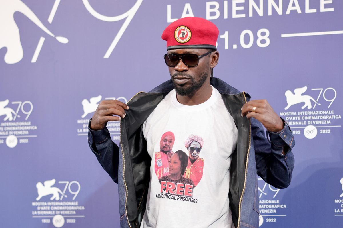 Ugandan musician and politician Bobi Wine poses at the 79th Venice International Film Festival 