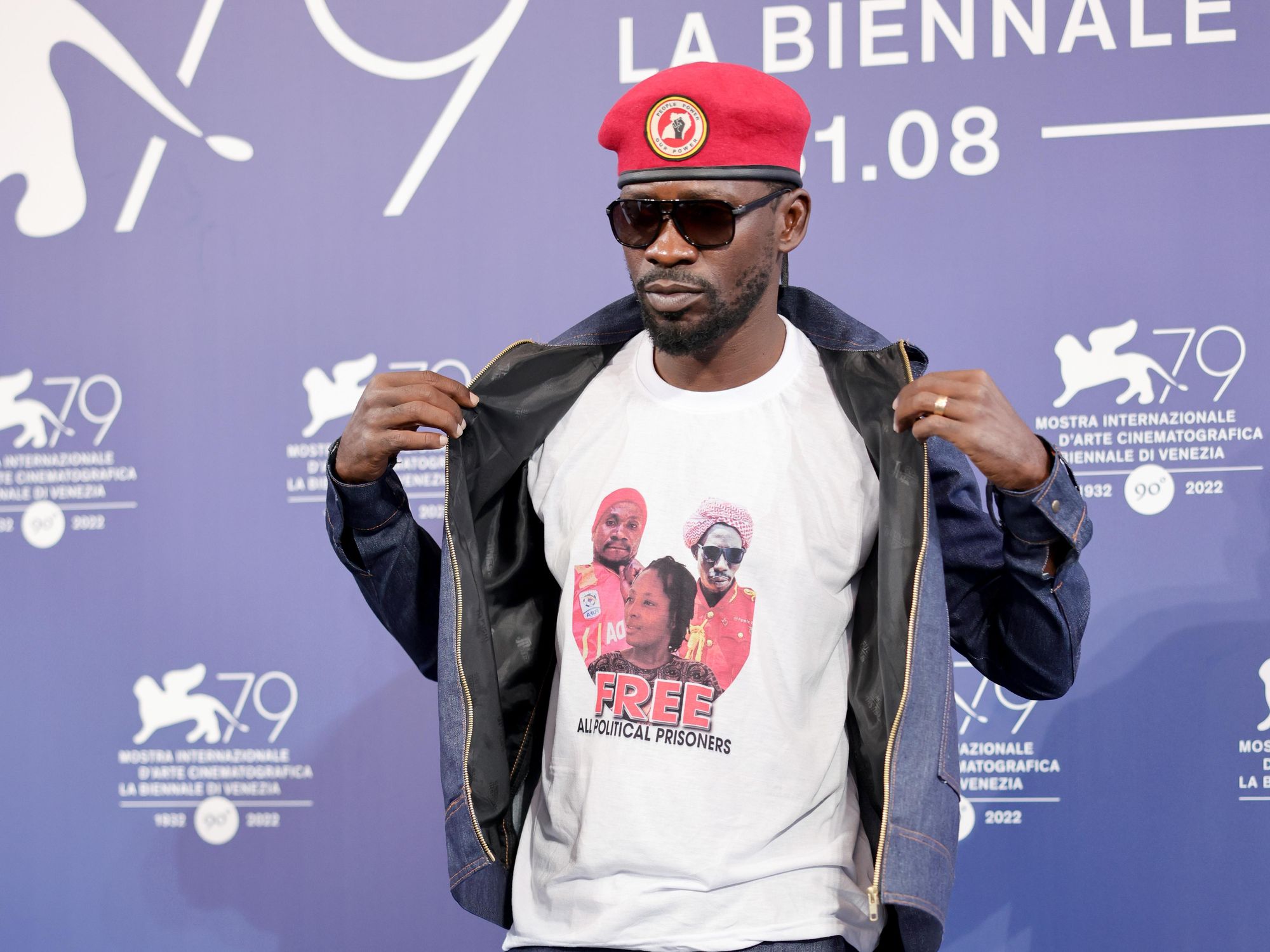 Ugandan musician and politician Bobi Wine poses at the 79th Venice International Film Festival 