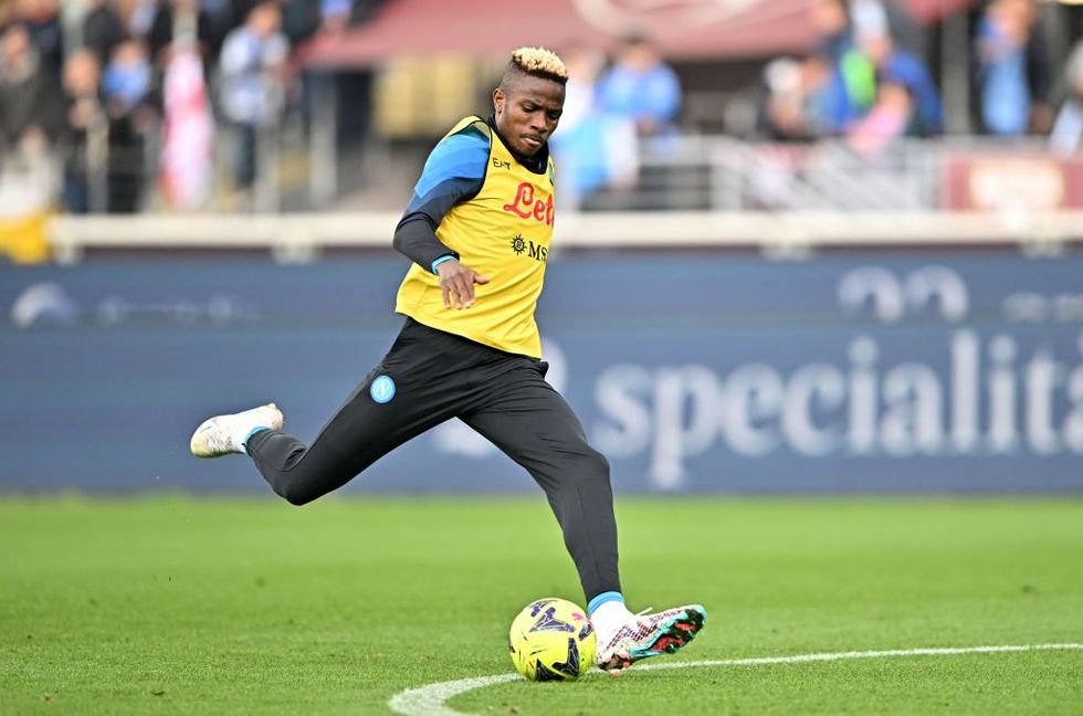 Victor Osimhen of SSC Napoli during warm up ahead of the Serie A match between Torino FC and SSC Napoli at Stadio Olimpico di Torino on March 19, 2023 in Turin, Italy.
