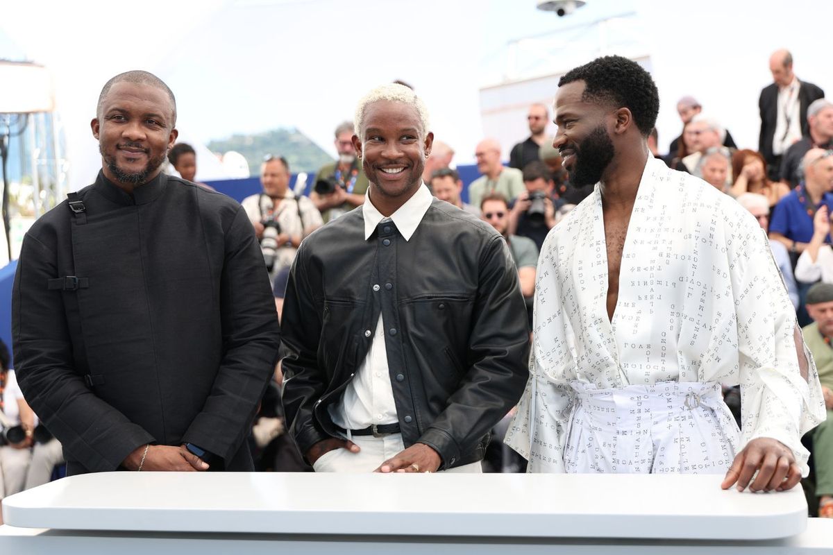 Wale Davies, Akinola Davies Jr. and Ṣọpẹ́ Dìrísù pose during the ‘My Father's Shadow’ photocall at the 78th annual Cannes Film Festival at Palais des Festivals on May 18, 2025 in Cannes, France.