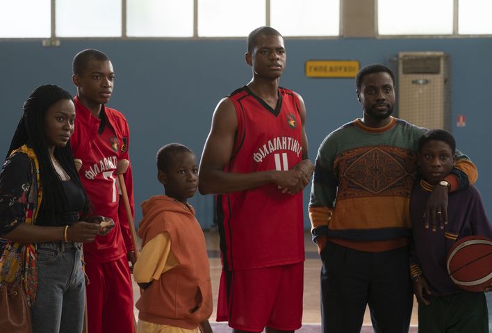 Yetide Badaki as Vera, Ral Agada as Thanasis, Elijah Sholanke as Alexandros, Uche Agada as Giannis, Dayo Okeniyi as Charles, and Jaden Osimuwa as Kostas in RISE, exclusively on Disney+