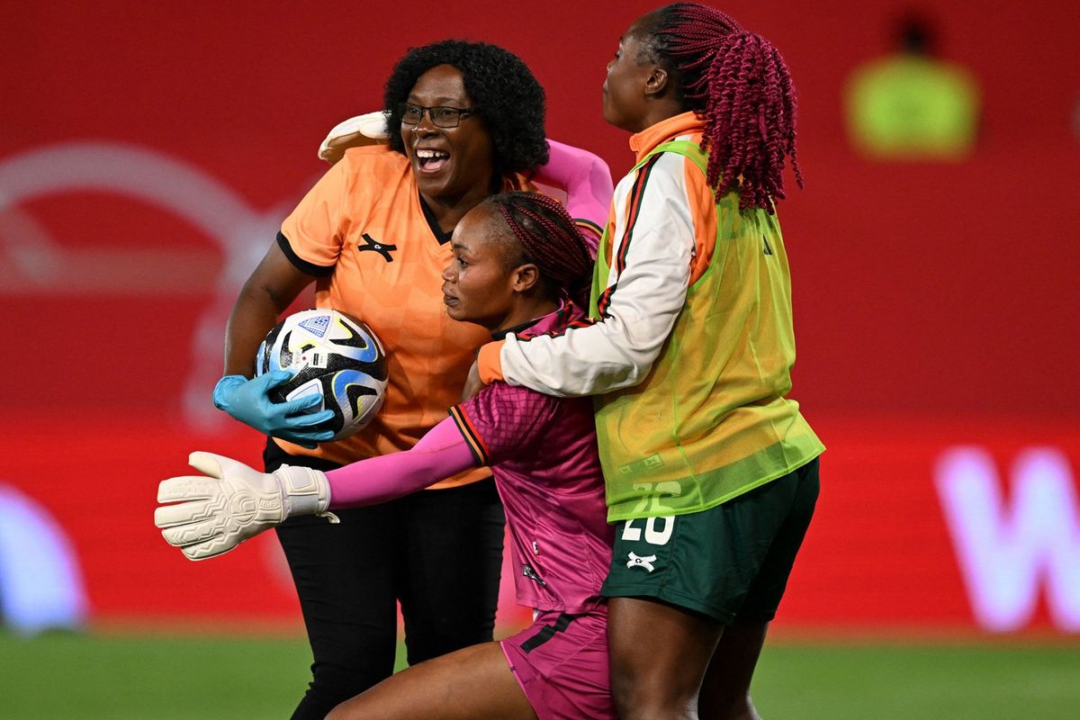 Zambia's goalkeeper Catherine Musonda (C) celebrates with her team after winning the International friendly football match Germany vs Zambia in Fuerth, southern Germany, on July 7, 2023, ahead of the FIFA Women's World Cup.