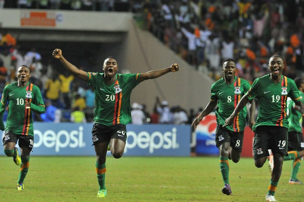 Zambia's national football team players celebrate victory against Ivory Coast at the stade de l'amitie in Libreville on February 12, 2012, during their Africa Cup of Nations (CAN 2012) final football match between Ivory Coast and Zambia.